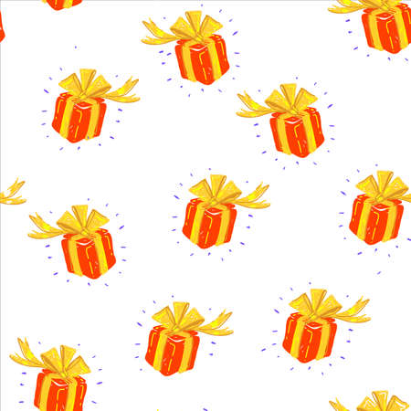 Seamless vector Gift pattern, red gift boxes with golden ribbon on white backgroundのイラスト素材
