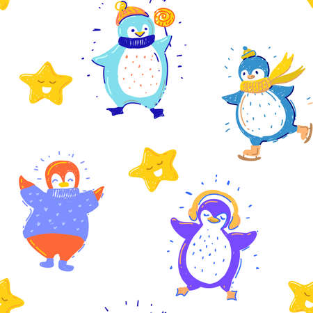 Cute penguins collection in winter clothes with candy, earphones and skiing, cute star. Seamless pattern on whiteのイラスト素材