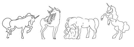 Unicorn linear set hand drawn, magic, unicorn doodlesのイラスト素材