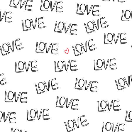 Seamless background with hand written words Love and red heart. Vector illustration for Valentine dayのイラスト素材