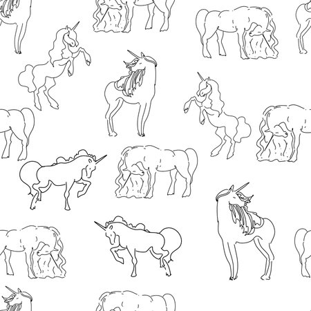 Girlish linear unicorns seamless pattern. Black and white cute magic light repeating backgoundのイラスト素材