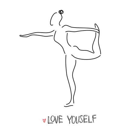 Drawing a continuous line. Yoga position on white isolated background. Linear styleのイラスト素材