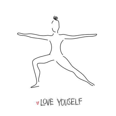 Drawing a continuous line. Yoga position on white isolated background. Linear styleのイラスト素材
