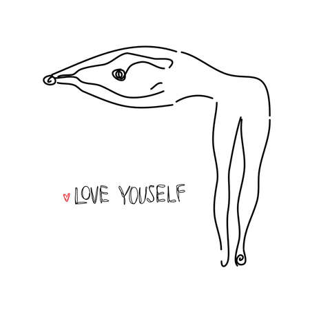 Drawing a continuous line. Yoga position on white isolated background. Linear styleのイラスト素材