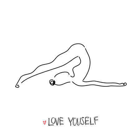 Drawing a continuous line. Yoga position on white isolated background. Linear styleのイラスト素材