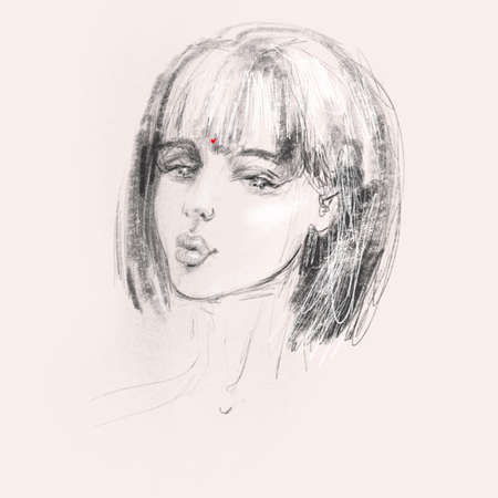 Hand drawn pencil sketch with face of a girl. Female portrait.の写真素材