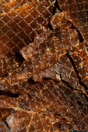 A lot of jerky, top view. Jerky texture.の写真素材