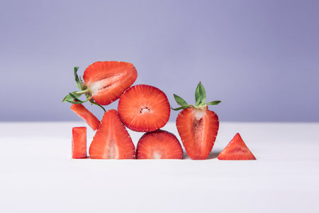Red juicy strawberries in a cut on a purple background. advertising photo.の写真素材