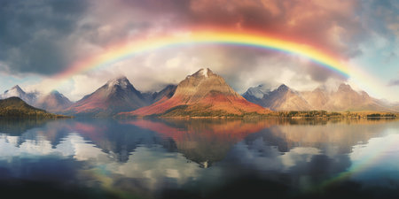 Landscape panorama of the mountains. Lake, sky, clouds, rainbow. rainbow accent.の素材