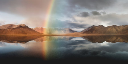 Pride, a landscape of mountains with water and rainbows. The sky, the clouds. rainbow accent.の素材