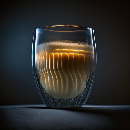 Latte coffee in layers in a transparent oval glass on a dark blue background. Stylish morning routine. Used studio contrast hard light. dark shadows.の素材