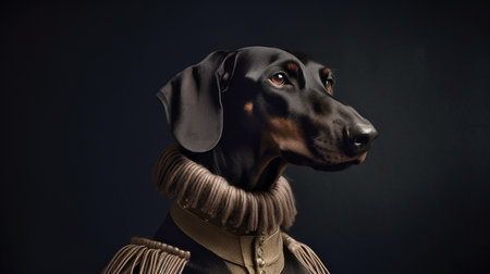 A portrait of a black Doberman in clothes. The dog is an aristocrat. professional photography.の素材