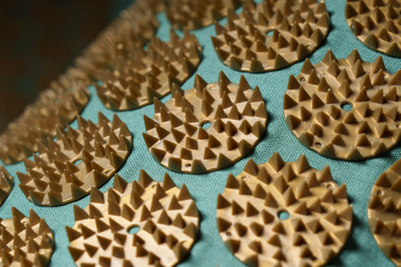 Close-up of a green acupuncture mat with many plastic golden spikes, an alternative therapy and relaxation tool.の写真素材