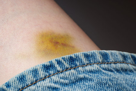 Bruise on the leg - healing hematoma.の写真素材