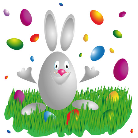 Grey rabbit on green lawn and color eggs on white backgroundのイラスト素材