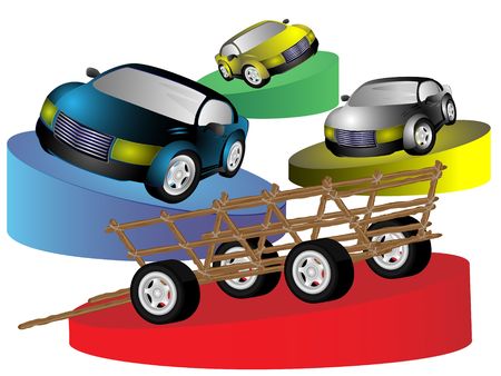 Cars and animal-drawn transport means at exhibitionの写真素材