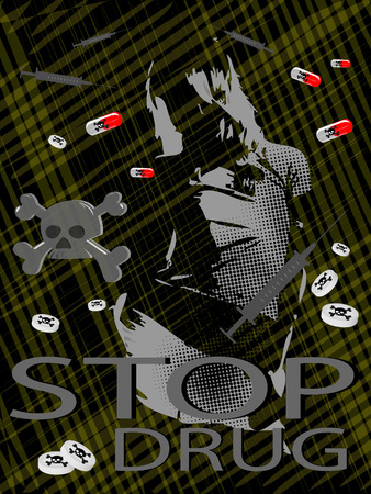 Silhouette of the girl of the addict against syringes and tabletsのイラスト素材