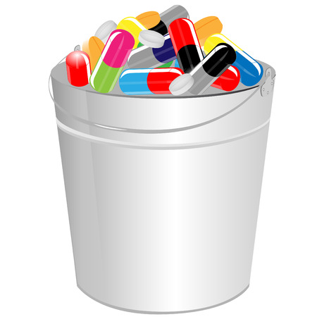 Pils and tablets of different placed in steel capacityのイラスト素材