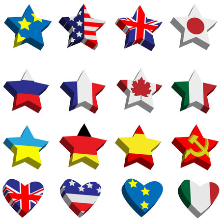Collection of flags the countries in the form of stars and heartsのイラスト素材