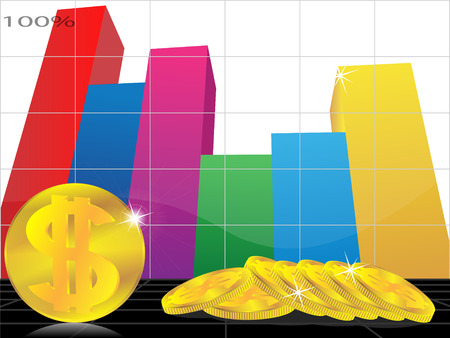 Gold coins with a dollar sign against a graphic grid with columnsof the cubic formのイラスト素材