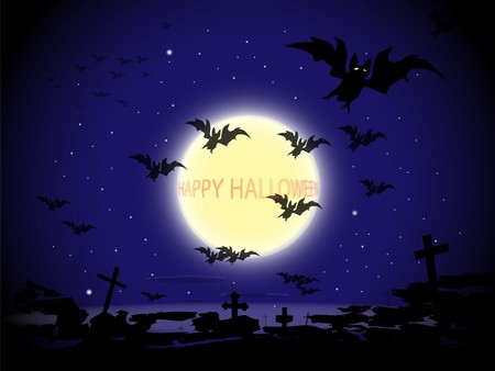 Halloween illustrations in dark tones with the image of the moon,bats and crosses on a bizarre backgroundのイラスト素材