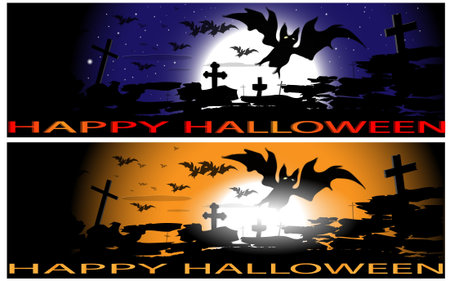 Two Halloween illustrations in dark tones with the image of the moon,bats and crosses on a bizarre backgroundのイラスト素材
