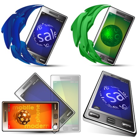 Four pictures with the image of mobile phones in various variants on a pure backgroundのイラスト素材