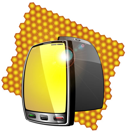 Modern mobile phone is located on the background frame is made in the form of a honeycombのイラスト素材