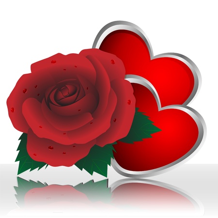Rose of red color and two hearts on a white backgroundのイラスト素材