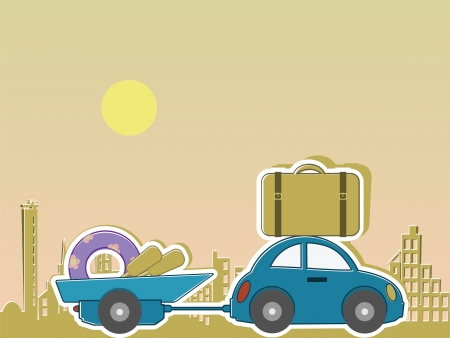 passenger car with a caravan and a load of for recreation travels on city backgroundのイラスト素材