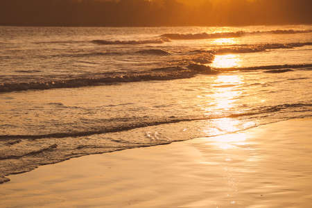 Sunset on tropical beach in Sri Lanka - golden color waves sea water illuminated by the sun.の写真素材