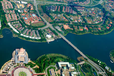 Overhead city view - Prime Minister's Department Complex, Federal Government Administrative Centre - Jabatan Perdana Menteri,  Putra Mosque with Putra lake. Aerial cityscape of Malaysia.のeditorial素材