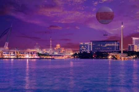 Beautiful sunset cityscape, night view of Putrajaya, Seri Wawasan bridge, Lake, Malaysia.のeditorial素材