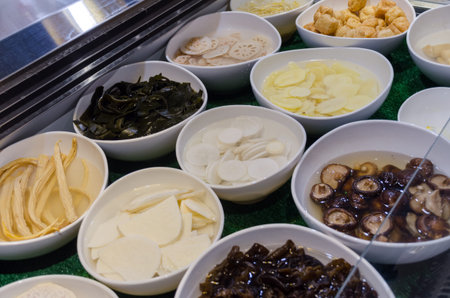 Showcase with ingredients for cooking. Malaysia.