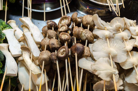 Street food stall with mushroom on sticks, different types -  porcini, champignon, Oyster. Chinese food barbecue. Malaysia, Kuala Lumpur.の写真素材