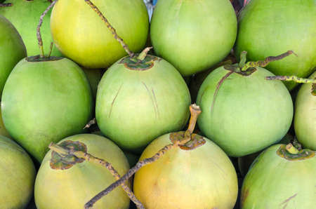 Row of green coconuts textured background. Detail at fruit market in Bali. Tropical food.の写真素材
