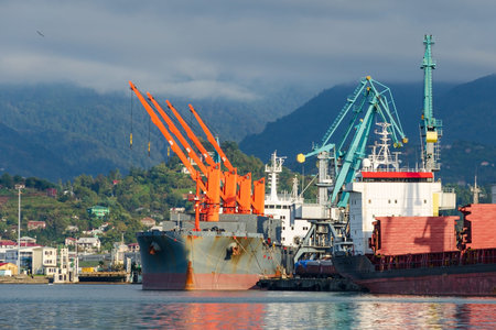 View of the port with a loading ship. . Mountains with clouds in the background. Batumi, Georgia.