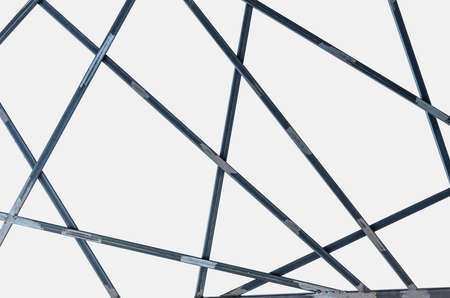 Metal decor with steel bars geometric shape isolated on white background.  Structure grid made of iron rods. Clipping path included.の写真素材