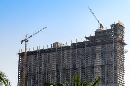 New residential building with tower cranes. Palm leaves in the foreground. Georgia, Batumi