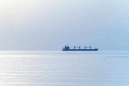 Sea horizon with cargo ship silhouette. Calm serene endless sea.  Selective soft focusの写真素材