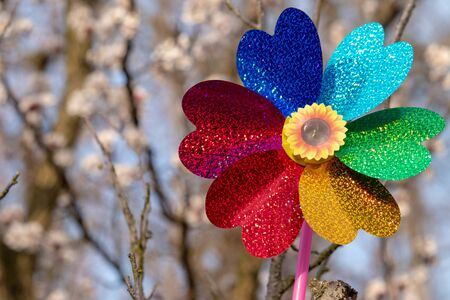 Windmill toy spins in the wind. Windmill with rainbow colors outside. A toy for children.の写真素材