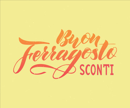 Hand written lettering quote Happy (Buon) Ferragosto Sale (sconti) , italian language. Vector illustration. Design concept for Italian summer holiday. As banner, print, poster, postcard, flyer, backgroundのイラスト素材
