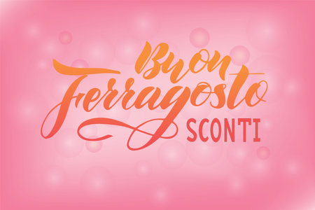 Hand written lettering quote Happy (Buon) Ferragosto Sale (sconti) , italian language. Vector illustration. Design concept for Italian summer holiday. As banner, print, poster, postcard, flyer, backgroundのイラスト素材