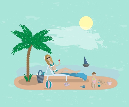 Young mother playing with her baby on the beach under the palm tree on lounger. Baby play with toys for playing in the sand.のイラスト素材