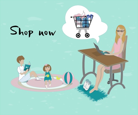 illustration of mother buying in the internet shop with text Shop now. Young mom sit at the table with a computer. Baby plays with toys. Boy read a book. Shopping cart in the cloud.のイラスト素材