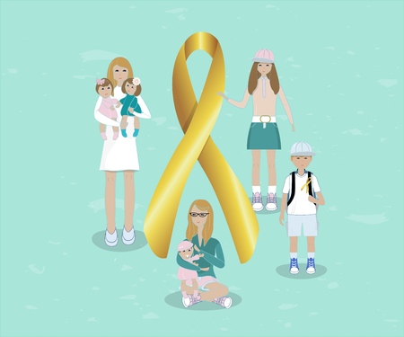 Flat illustration of golden tape symbolizing involvement in the problem of childhood cancer. With people children, mother with baby, nurse with baby . Ribbon for the World Children s Day cancer patients. Design template poster, banner,flayer,web.のイラスト素材
