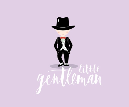 lInscription of phrase little gentleman with baby boy. Lettering for babies clothes and nursery decorations bags, posters, invitations, cards, pillows . Brush modern calligraphy. Isolated. Overlay for photo album.の写真素材