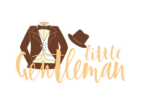 lInscription of phrase little gentleman with costume, bow-tie, hat. Lettering for babies clothes and nursery decorations bags, posters, invitations, cards, pillows .の写真素材