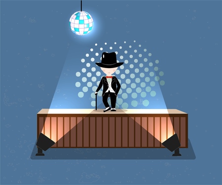 Cartoon little boy wearing suit and black top hat on scene on abstract background, young gentleman dressed up in classic retro style vector Illustration. With red bow tie. Isolated.のイラスト素材