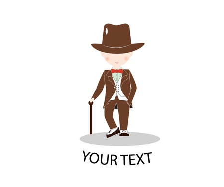 Cartoon little boy wearing suit and brown top hat with cane stick. Young gentleman dressed up in classic retro style vector Illustration. With red bow tie. Isolated.のイラスト素材